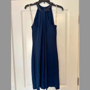 Tommy Bahama Navy Draped Dress with Beaded Collar Size S
